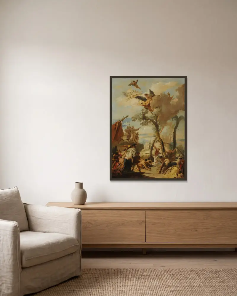 Hebréerna samlar manna i öknen av Giovanni Battista Tiepolo inramad på en vägg