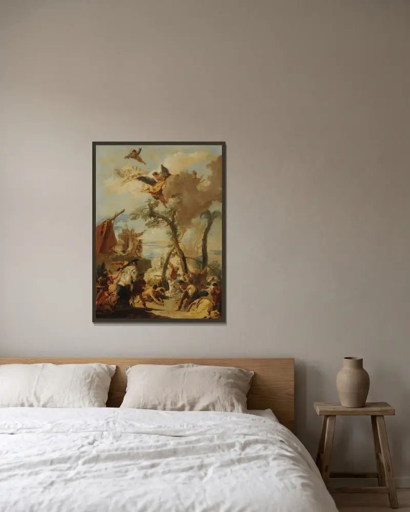 Hebréerna samlar manna i öknen av Giovanni Battista Tiepolo inramad på en vägg