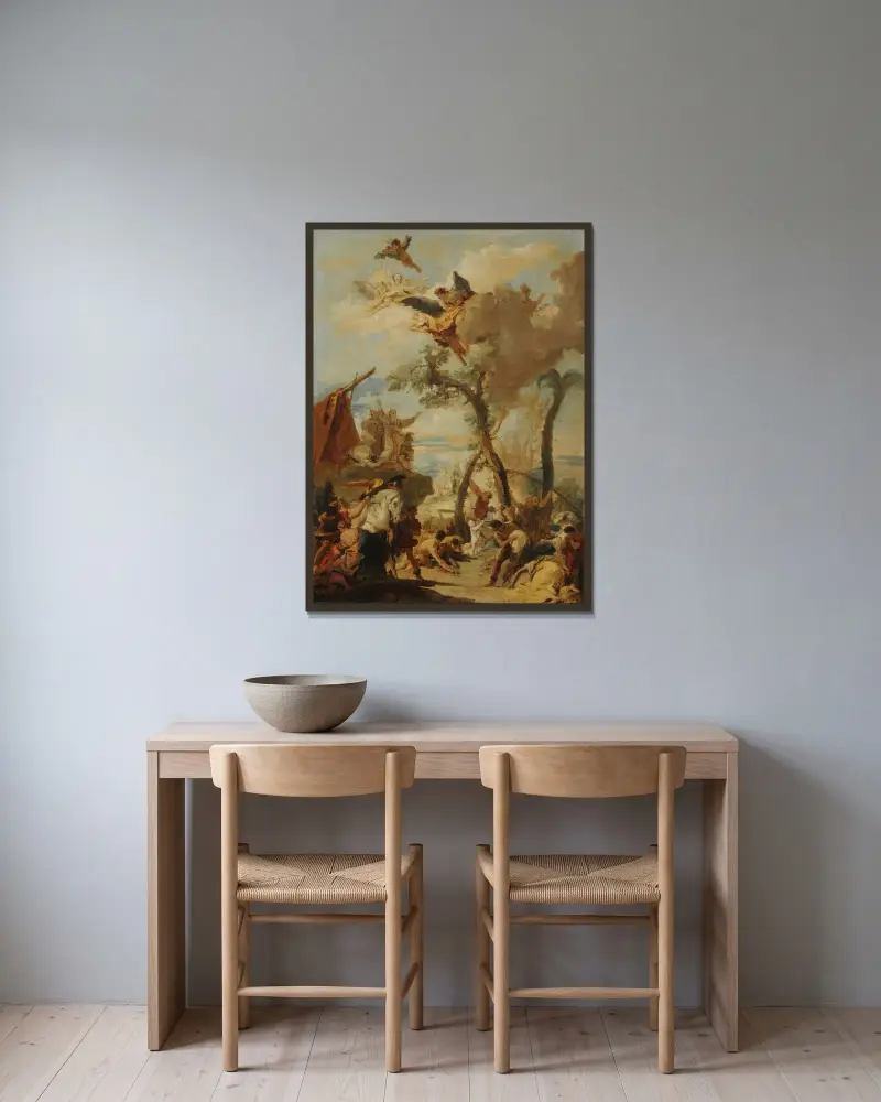 Hebréerna samlar manna i öknen av Giovanni Battista Tiepolo inramad på en vägg