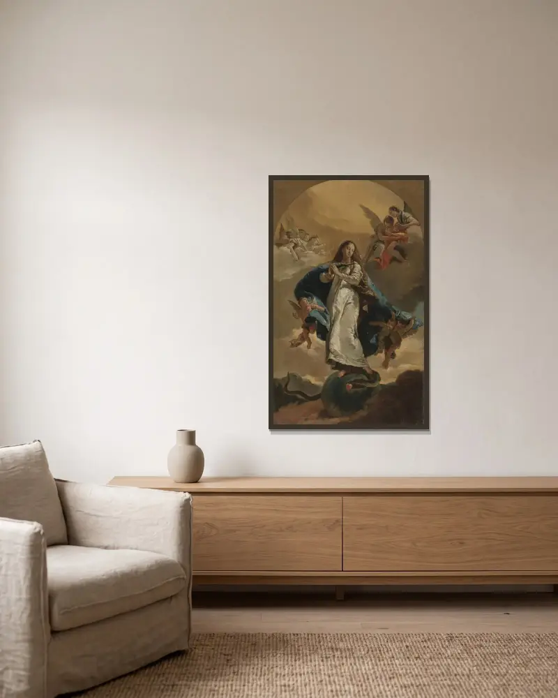 Den obefläckade avelsen av Giovanni Battista Tiepolo inramad på en vägg