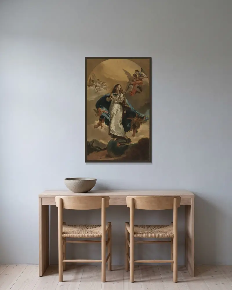 Den obefläckade avelsen av Giovanni Battista Tiepolo inramad på en vägg