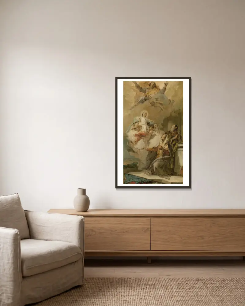 Die unbefleckte Empfängnis (Joachim und Anna empfangen die Jungfrau Maria von Gott dem Vater) von Giovanni Battista Tiepolo gerahmt an einer Wand