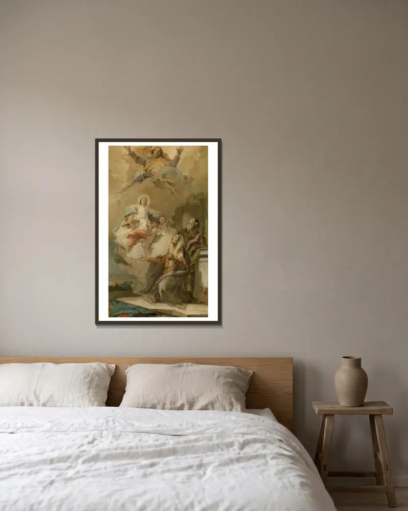 Die unbefleckte Empfängnis (Joachim und Anna empfangen die Jungfrau Maria von Gott dem Vater) von Giovanni Battista Tiepolo gerahmt an einer Wand