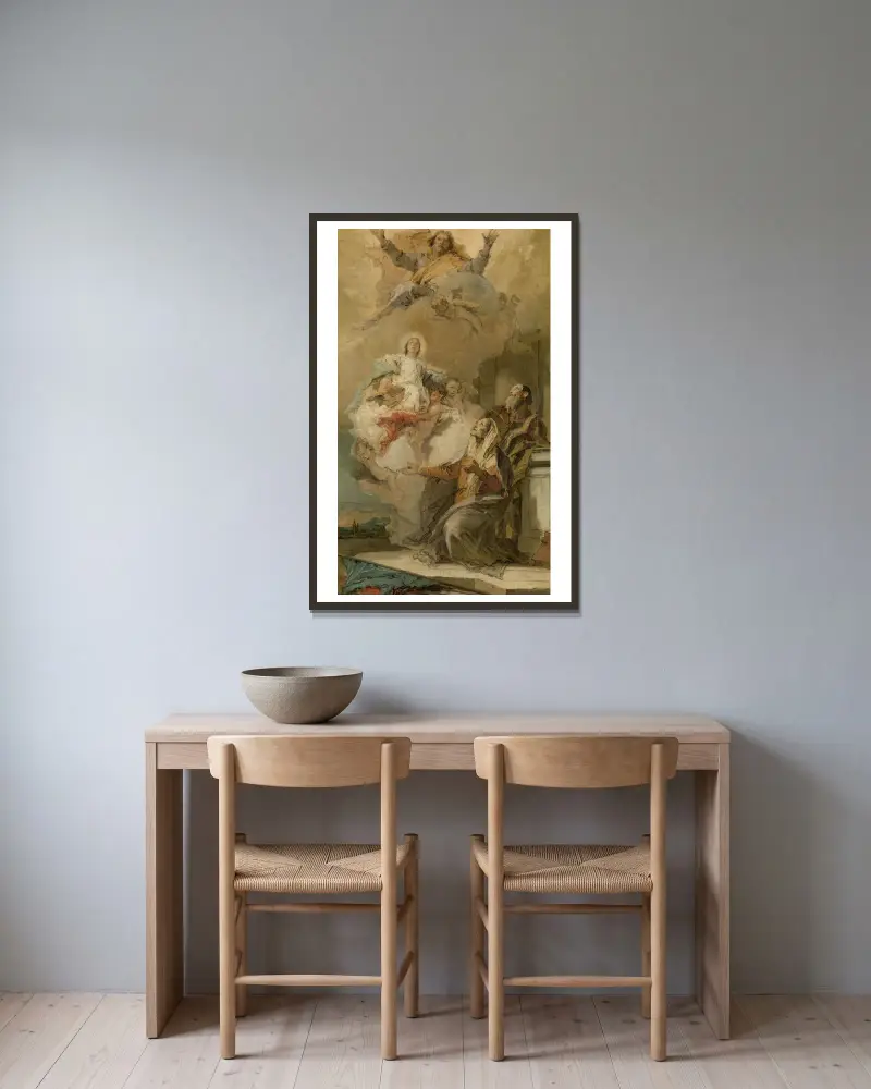 Die unbefleckte Empfängnis (Joachim und Anna empfangen die Jungfrau Maria von Gott dem Vater) von Giovanni Battista Tiepolo gerahmt an einer Wand