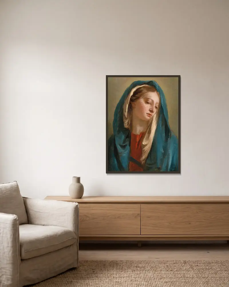 The Madonna Facing Front And Wearing A Blue Cloak av Giovanni Battista Tiepolo inramad på en vägg