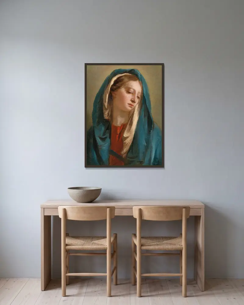 The Madonna Facing Front And Wearing A Blue Cloak av Giovanni Battista Tiepolo inramad på en vägg