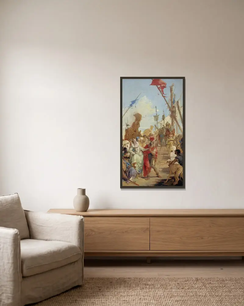 Mötet mellan Antonius och Kleopatra av Giovanni Battista Tiepolo inramad på en vägg