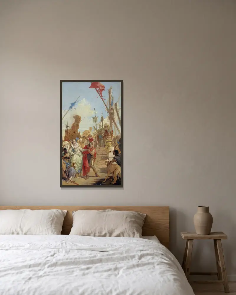 Mötet mellan Antonius och Kleopatra av Giovanni Battista Tiepolo inramad på en vägg