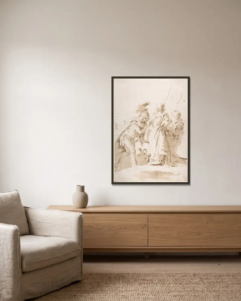 Mötet mellan Antonius och Kleopatra av Giovanni Battista Tiepolo inramad på en vägg