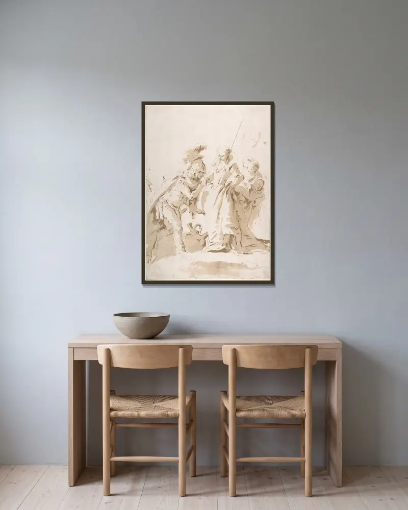Mötet mellan Antonius och Kleopatra av Giovanni Battista Tiepolo inramad på en vägg