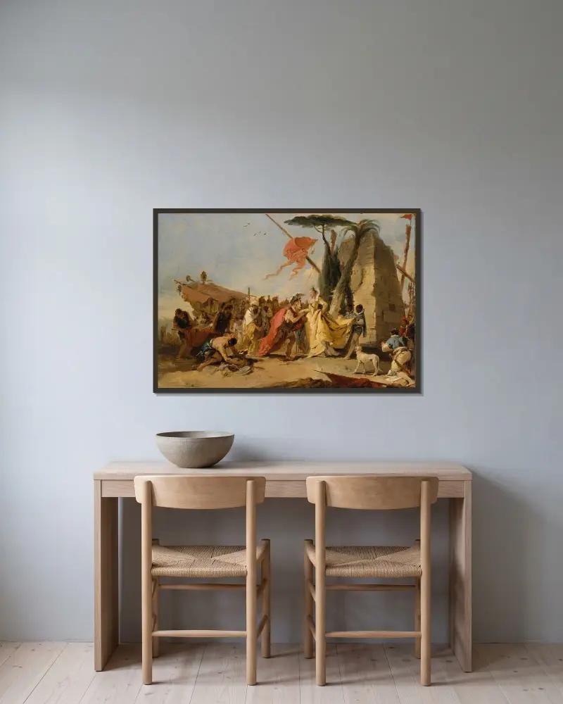 Mötet mellan Antonius och Kleopatra av Giovanni Battista Tiepolo inramad på en vägg