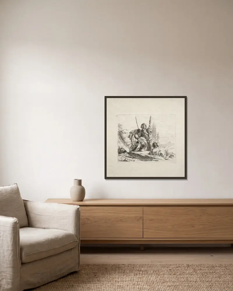 De tre soldaterna och pojken av Giovanni Battista Tiepolo inramad på en vägg