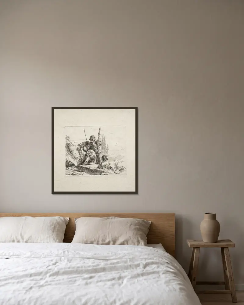 De tre soldaterna och pojken av Giovanni Battista Tiepolo inramad på en vägg