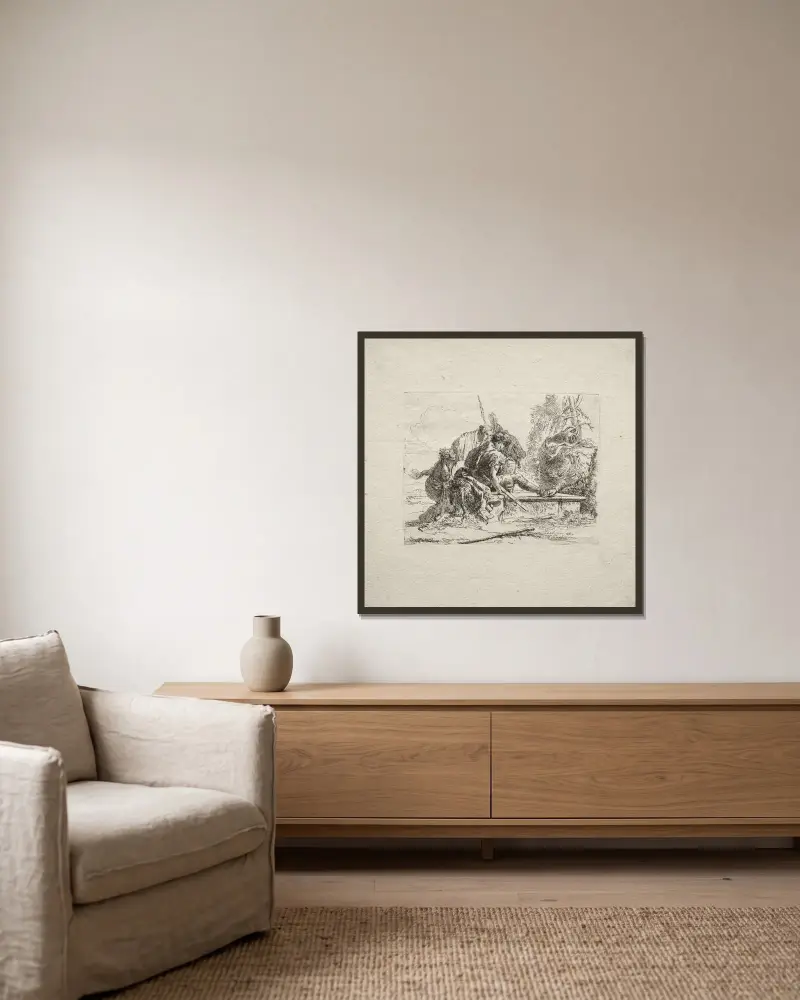 De två soldaterna och de två kvinnorna av Giovanni Battista Tiepolo inramad på en vägg