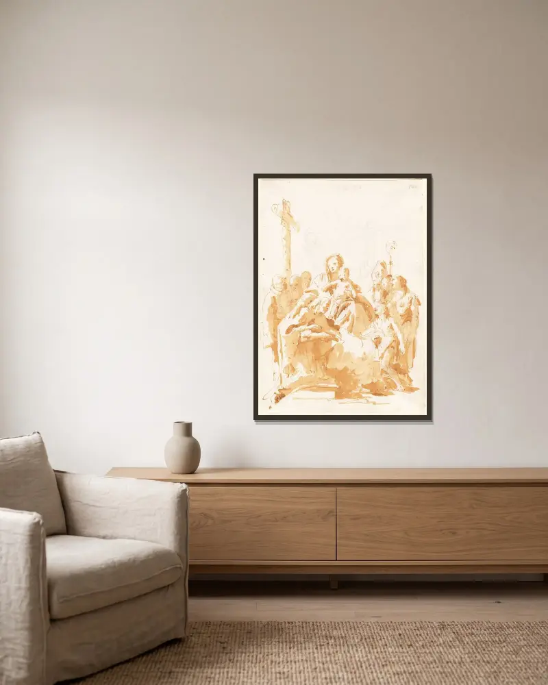Die Jungfrau und das Kind, angebetet von Bischöfen, Mönchen und Frauen von Giovanni Battista Tiepolo gerahmt an einer Wand