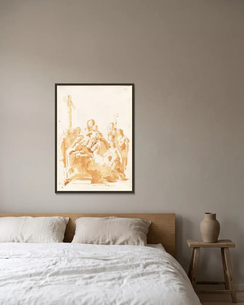 Die Jungfrau und das Kind, angebetet von Bischöfen, Mönchen und Frauen von Giovanni Battista Tiepolo gerahmt an einer Wand