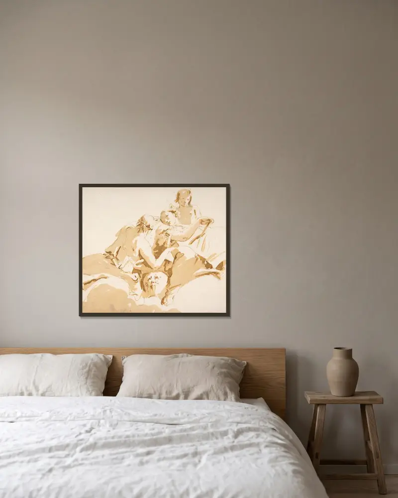 Två sittande kvinnor och en pojke på moln av Giovanni Battista Tiepolo inramad på en vägg