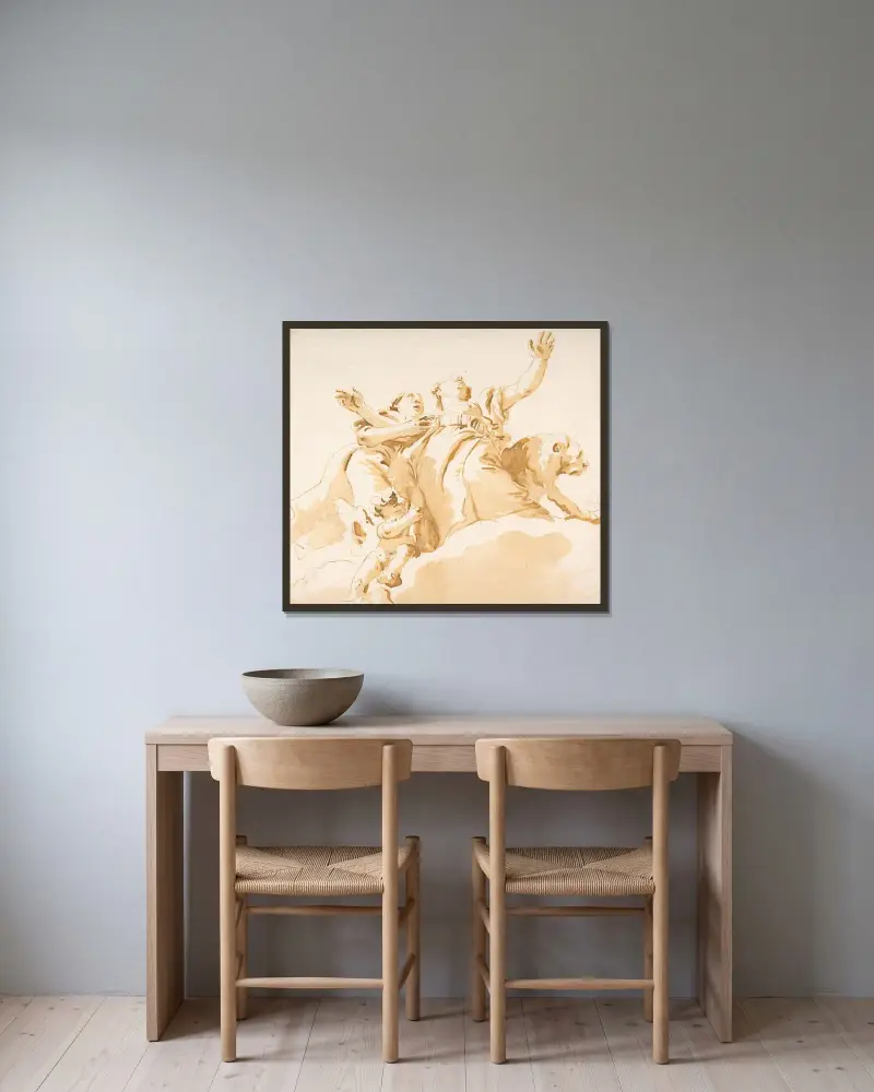 Två kvinnor, ett lejon och en putto på moln av Giovanni Battista Tiepolo inramad på en vägg