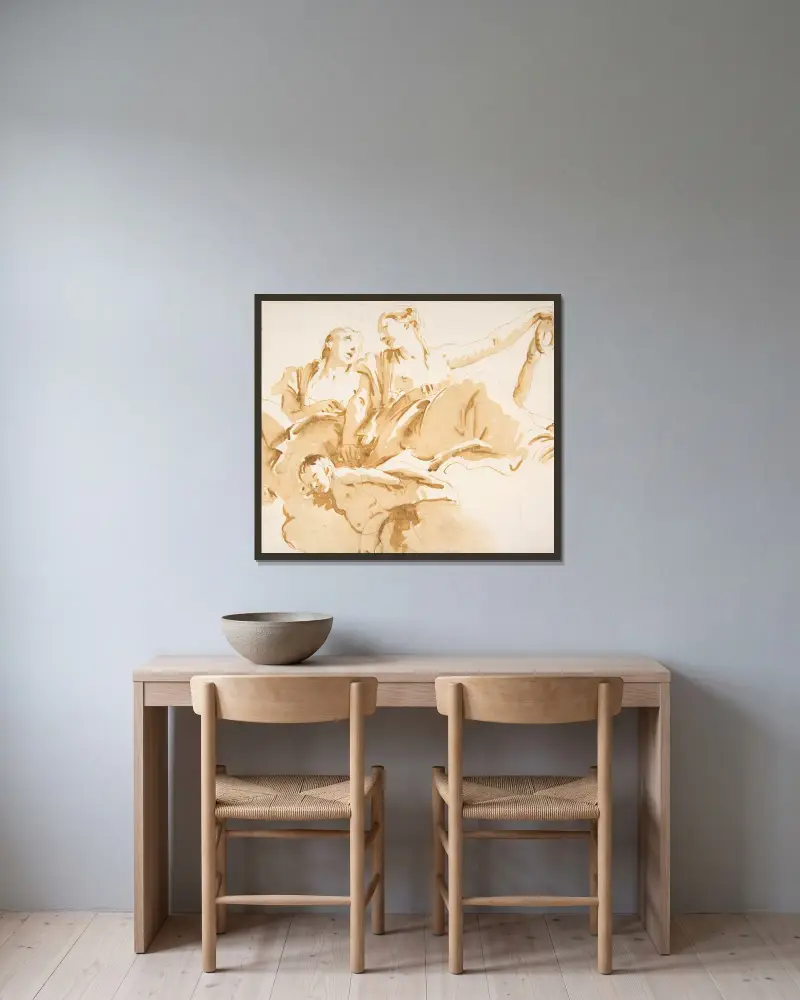 Två kvinnor, en hållande ett ankare, och en putto på moln av Giovanni Battista Tiepolo inramad på en vägg