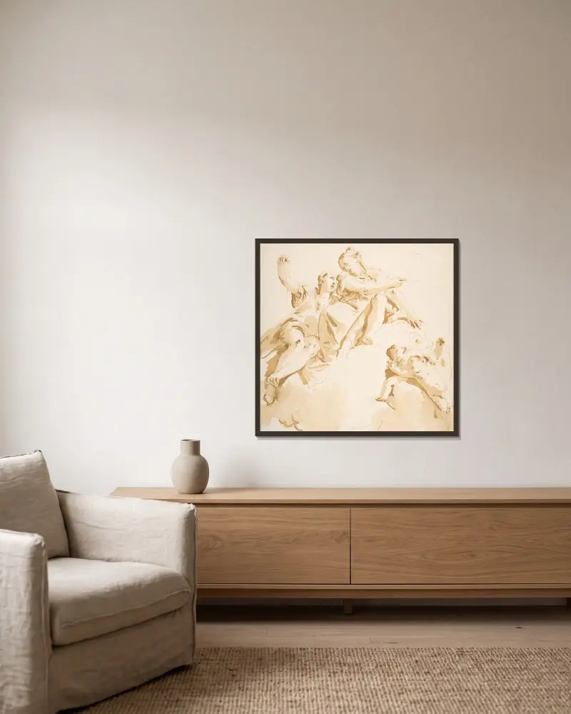 Två kvinnor sittande på ett moln, och två putti av Giovanni Battista Tiepolo inramad på en vägg