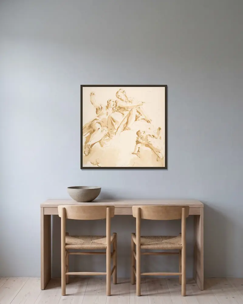 Två kvinnor sittande på ett moln, och två putti av Giovanni Battista Tiepolo inramad på en vägg