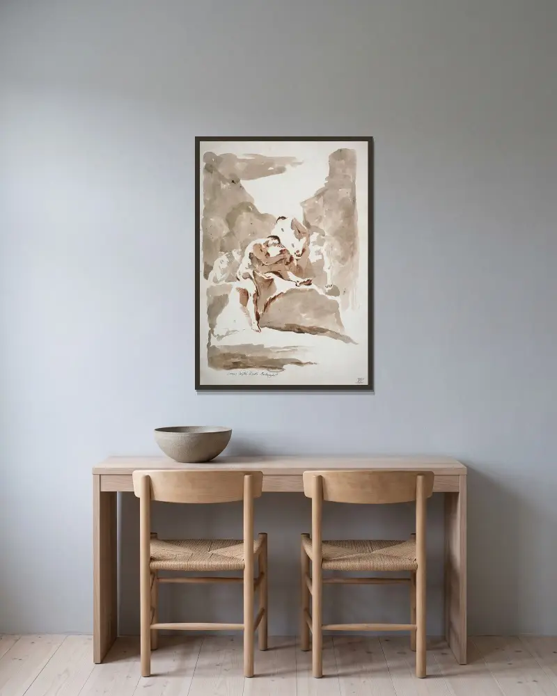 Fyra akter i ett landskap av Giovanni Battista Tiepolo inramad på en vägg