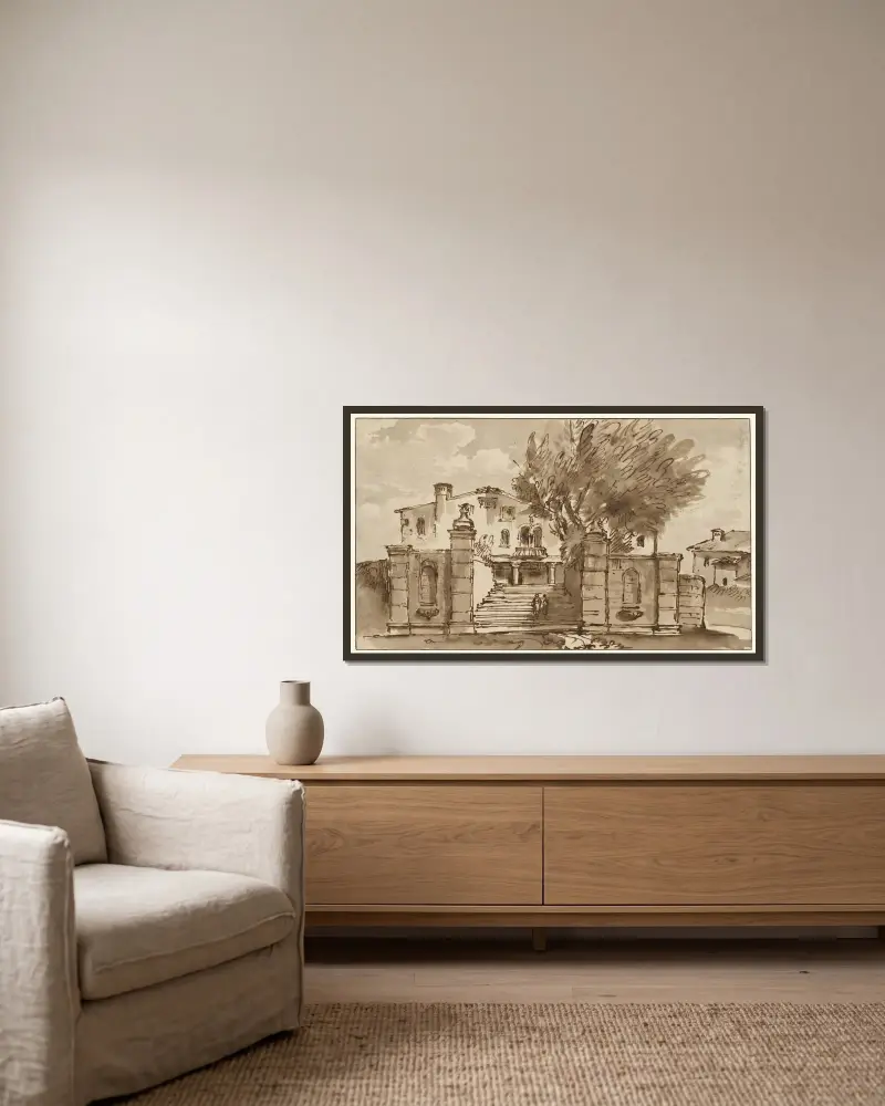 Vy av en villa av Giovanni Battista Tiepolo inramad på en vägg