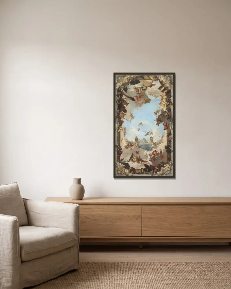 Den spanska monarkins rikedom och förmåner under Karl III av Giovanni Battista Tiepolo inramad på en vägg