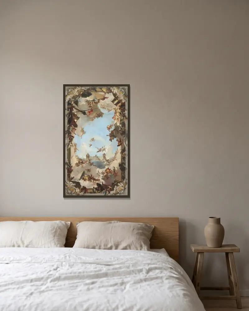 Den spanska monarkins rikedom och förmåner under Karl III av Giovanni Battista Tiepolo inramad på en vägg