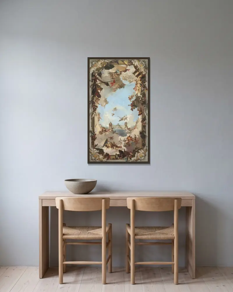 Den spanska monarkins rikedom och förmåner under Karl III av Giovanni Battista Tiepolo inramad på en vägg
