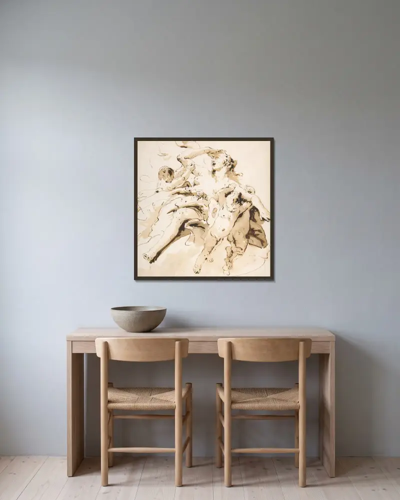 Kvinna buren av tre putti av Giovanni Battista Tiepolo inramad på en vägg