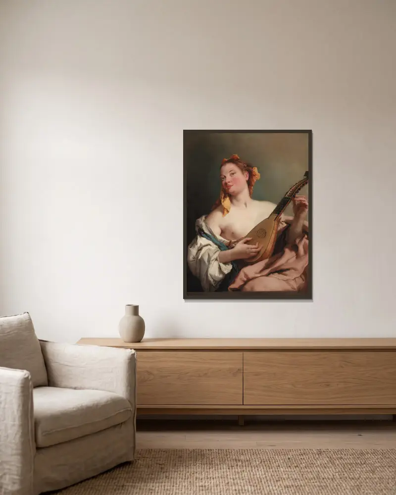 Woman with a Mandolin av Giovanni Battista Tiepolo inramad på en vägg