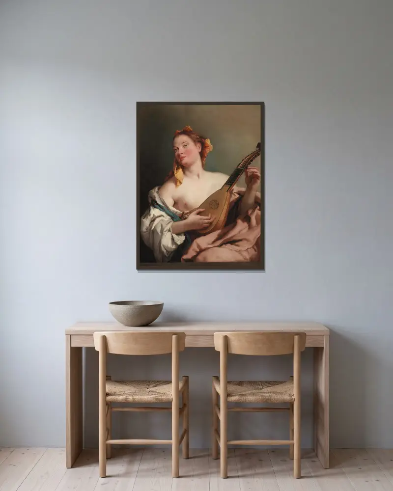 Woman with a Mandolin av Giovanni Battista Tiepolo inramad på en vägg