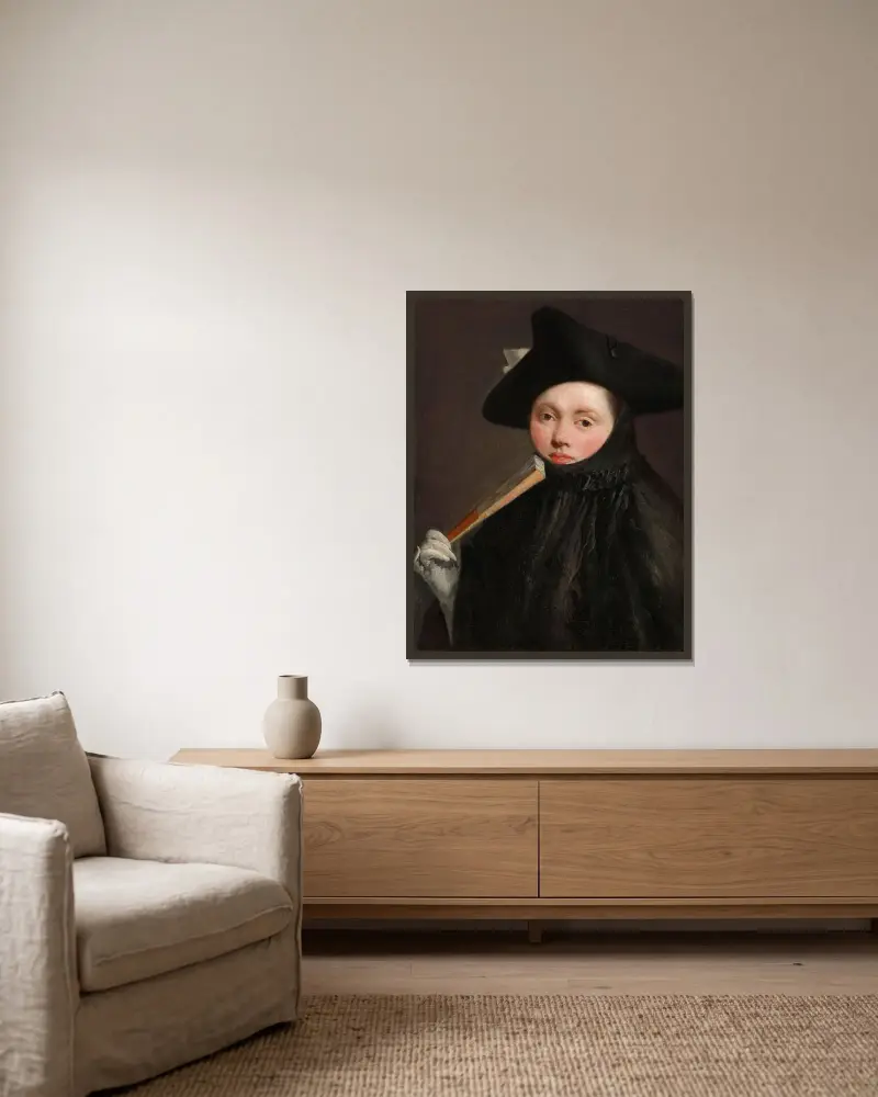 Ung dam i trekantig hatt av Giovanni Battista Tiepolo inramad på en vägg