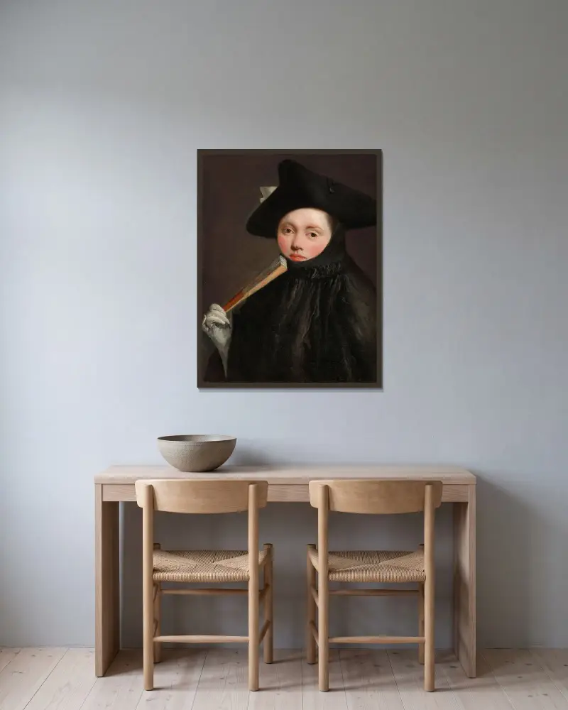 Ung dam i trekantig hatt av Giovanni Battista Tiepolo inramad på en vägg
