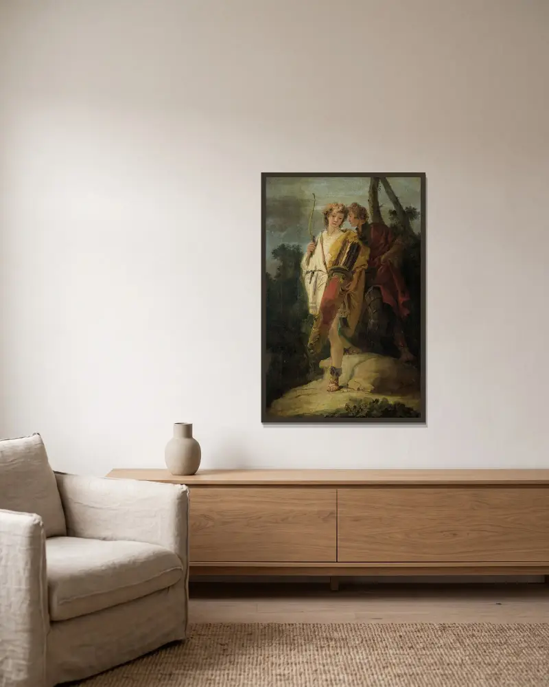 Ung man med pilbåge och stor koger och hans följeslagare med sköld av Giovanni Battista Tiepolo inramad på en vägg