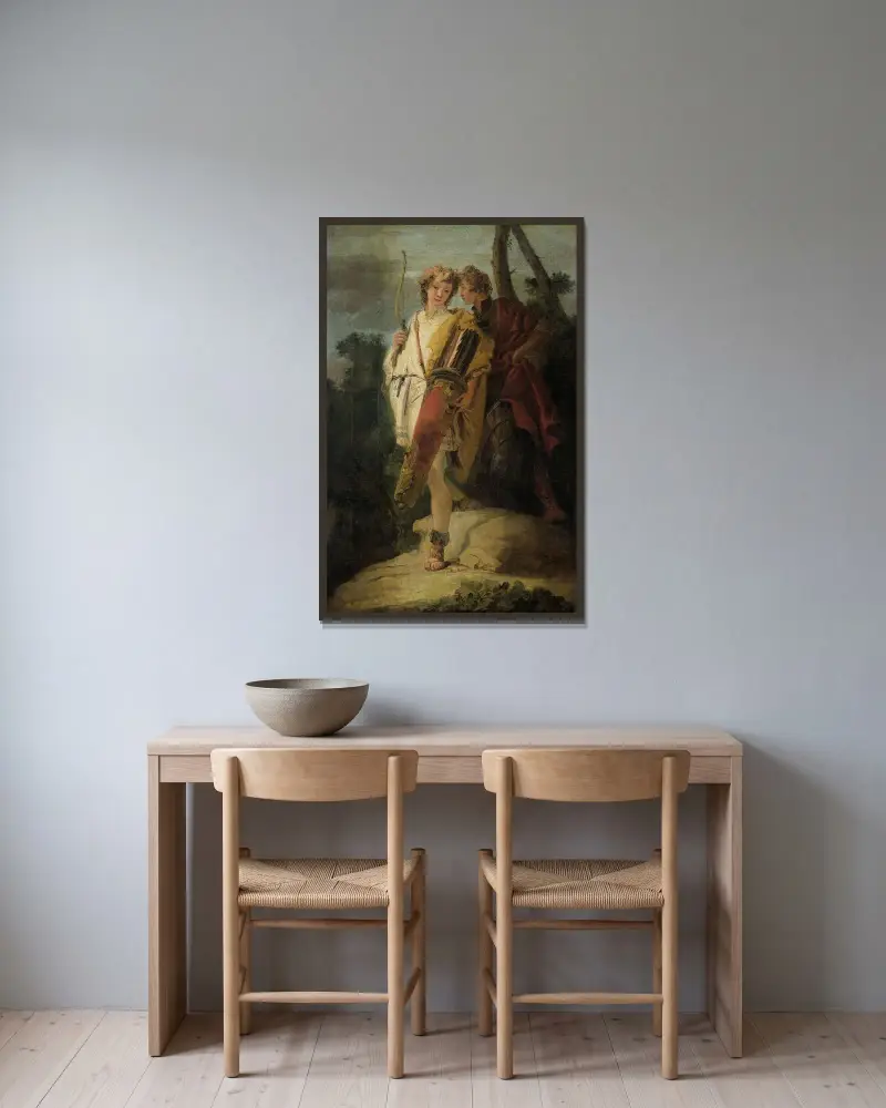 Ung man med pilbåge och stor koger och hans följeslagare med sköld av Giovanni Battista Tiepolo inramad på en vägg