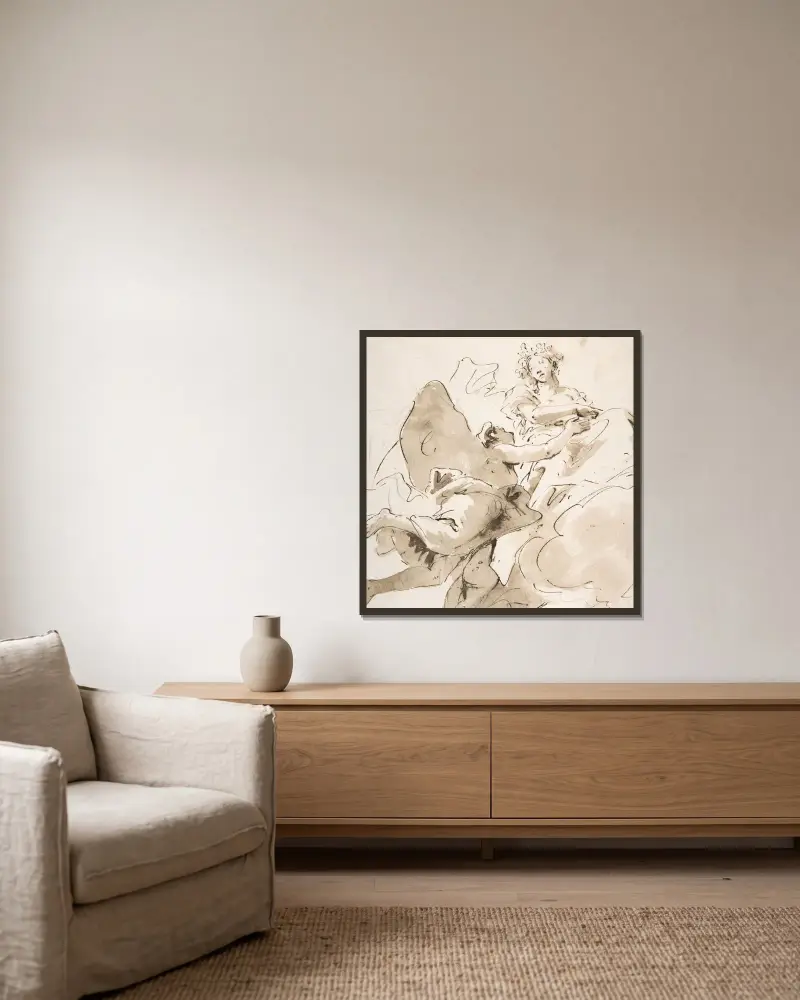 Zephyr och Flora av Giovanni Battista Tiepolo inramad på en vägg
