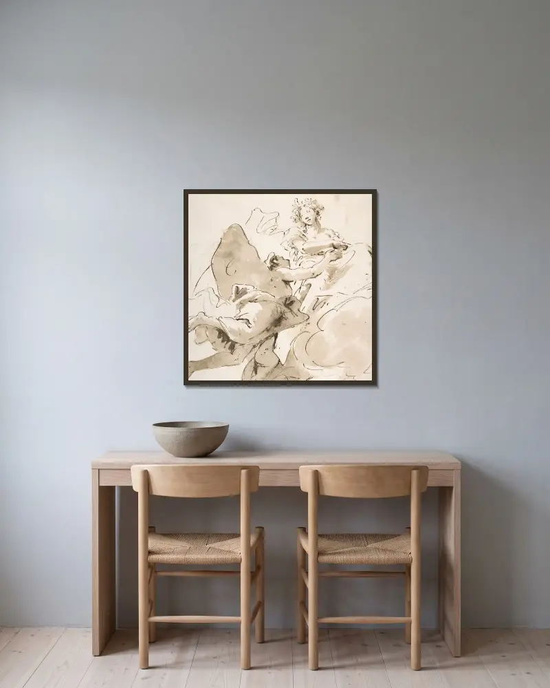 Zephyr och Flora av Giovanni Battista Tiepolo inramad på en vägg