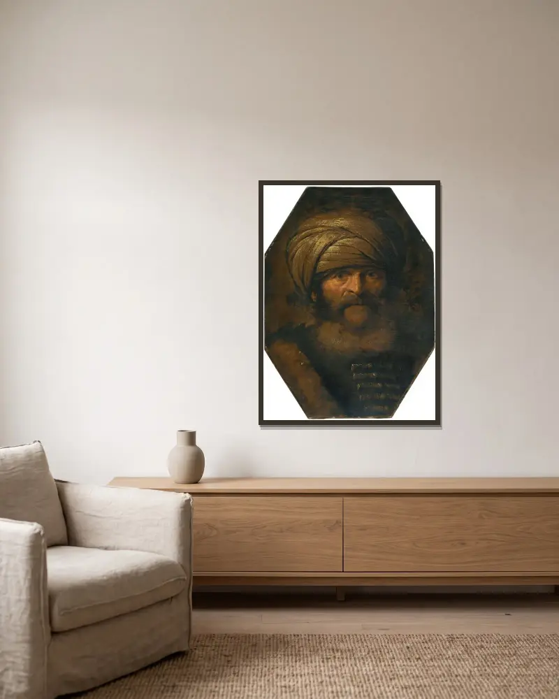 Skäggig man med turban av Giovanni Benedetto Castiglione inramad på en vägg