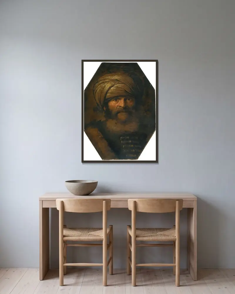 Skäggig man med turban av Giovanni Benedetto Castiglione inramad på en vägg