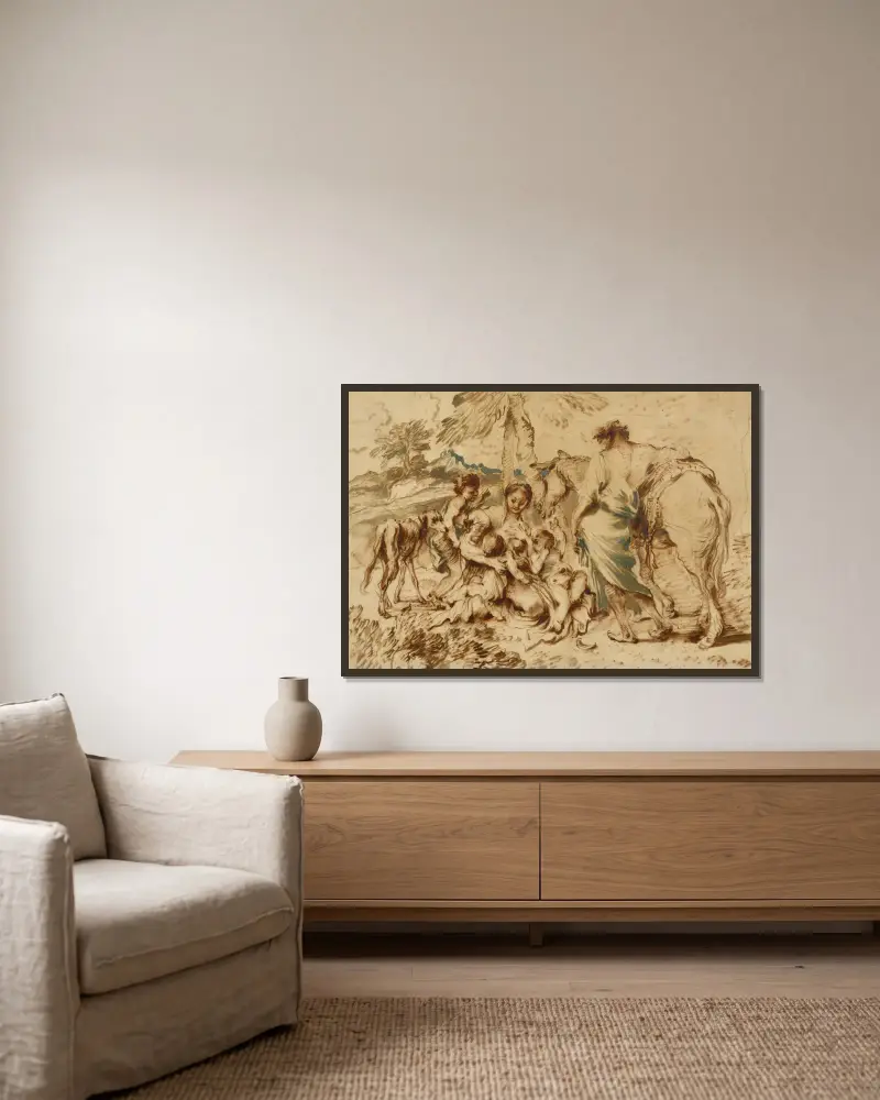 Eine Familie in einer Wüstenlandschaft von Giovanni Benedetto Castiglione gerahmt an einer Wand
