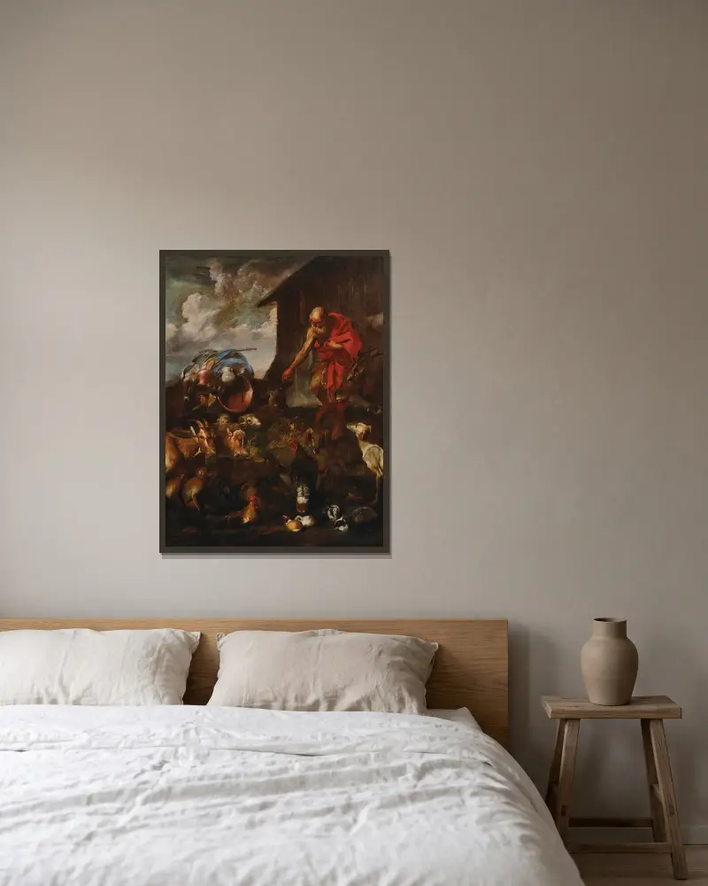 Tiere, die in die Arche Noah gehen von Giovanni Benedetto Castiglione gerahmt an einer Wand