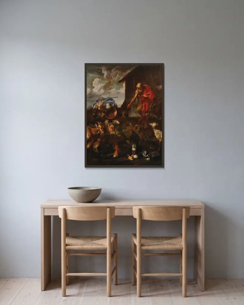 Tiere, die in die Arche Noah gehen von Giovanni Benedetto Castiglione gerahmt an einer Wand