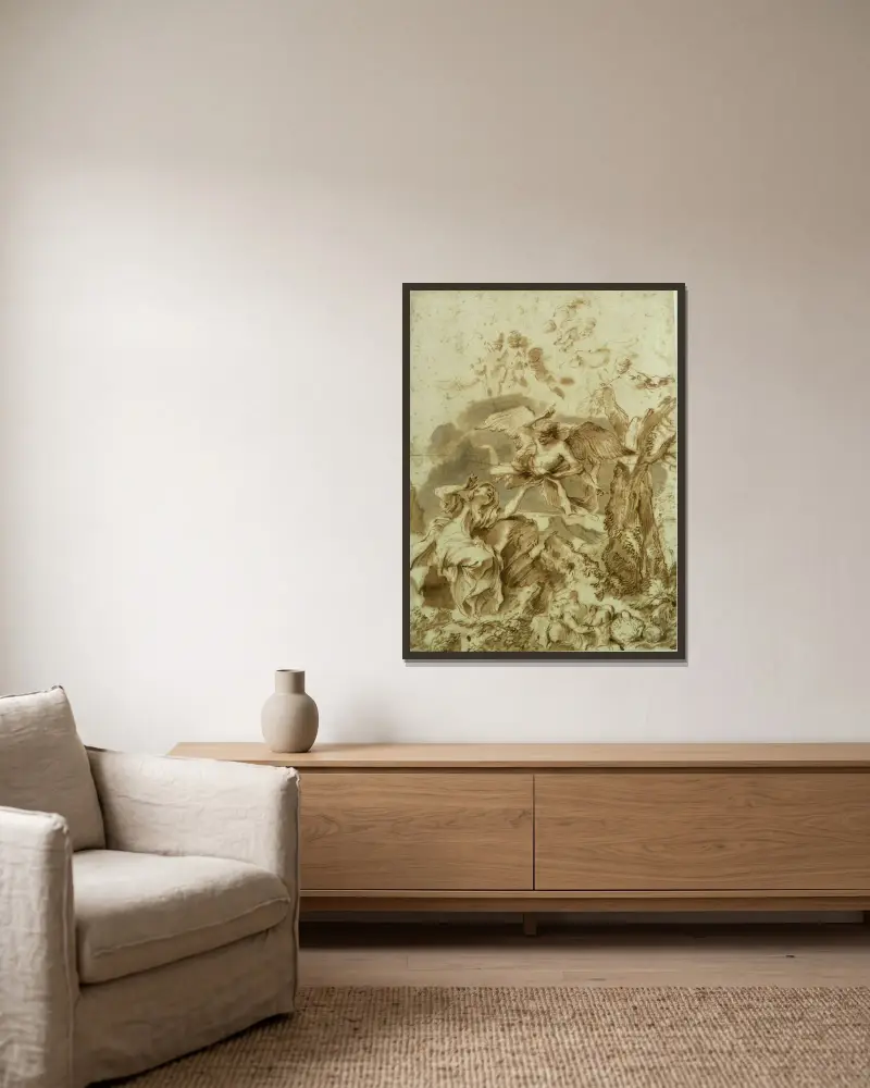 Hagar und Ismael in der Wüste von Giovanni Benedetto Castiglione gerahmt an einer Wand