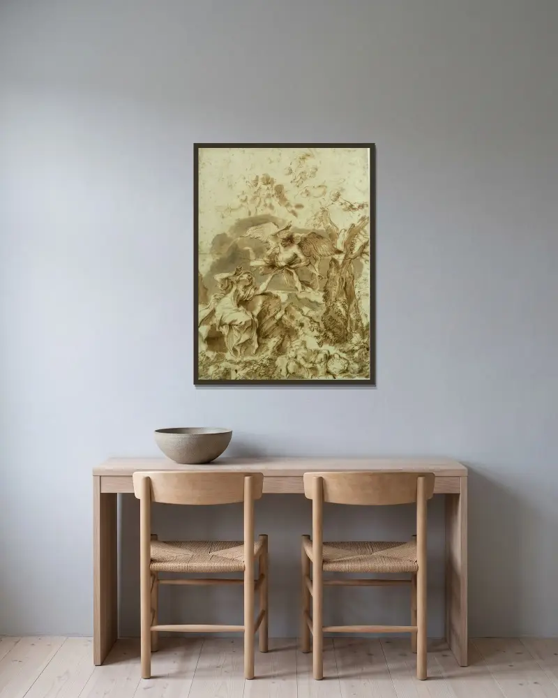 Hagar und Ismael in der Wüste von Giovanni Benedetto Castiglione gerahmt an einer Wand