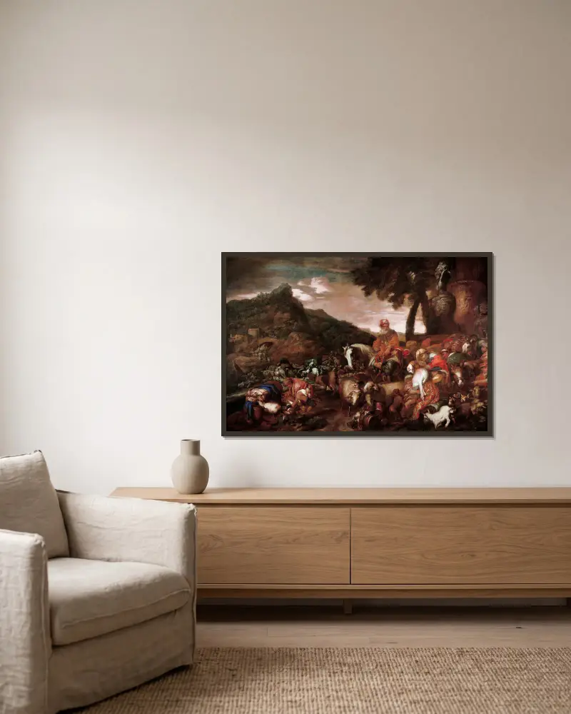 Journey of the Family of Abraham av Giovanni Benedetto Castiglione inramad på en vägg