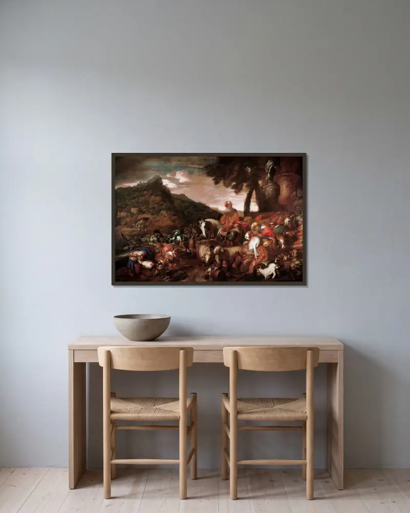 Journey of the Family of Abraham av Giovanni Benedetto Castiglione inramad på en vägg