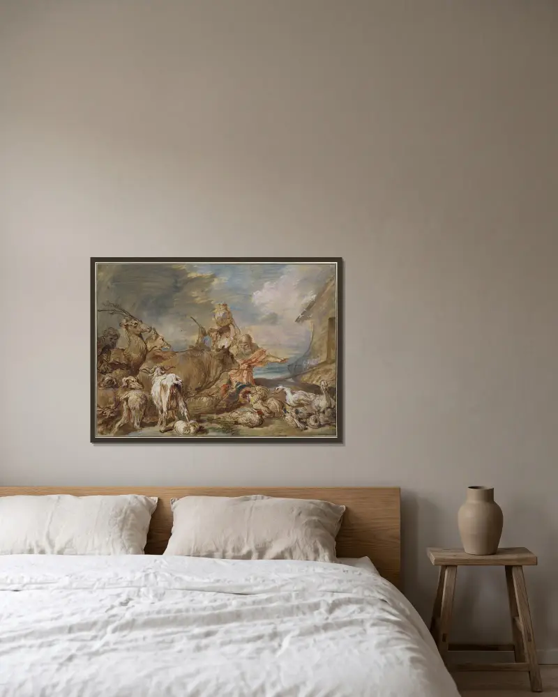 Noa leder djuren in i arken av Giovanni Benedetto Castiglione inramad på en vägg