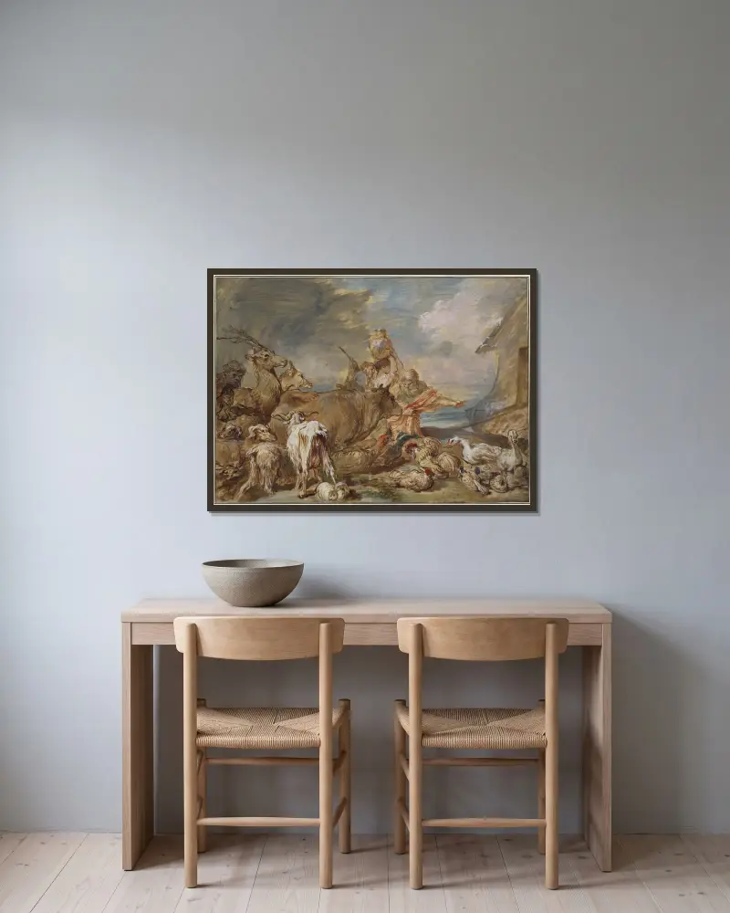 Noa leder djuren in i arken av Giovanni Benedetto Castiglione inramad på en vägg